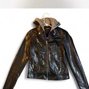 Express Leather Jacket with Gray Hood